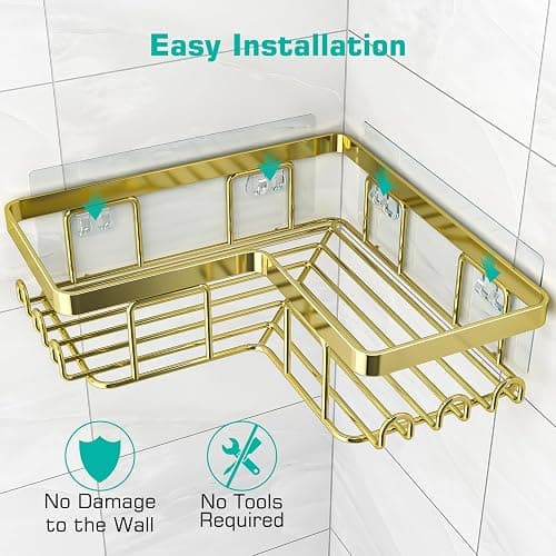 YASONIC Corner Shower Caddy, 3-Pack Adhesive Bathroom Caddy with Soap Holder and 12 Hooks, Rustproof Stainless Steel Shower Organizer, No Drilling Wall Mounted Shower Rack, for Bathroom, Gold thumbnail 6