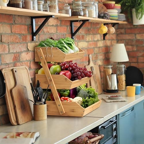 KOMFORA Bamboo Fruit Basket 3-Tier - Premium Produce Basket for Kitchen w/ 2 Hangers - Durable & Easy to Assemble Stand for Countertop - Perfect Holder for Vegetables, Bread, Snacks & More thumbnail 4