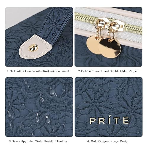 Prite Travel Cosmetic Bag Makeup Organizer Bag for Women Large Capacity Waterproof PU Leather Toiletry Bag with Handle and Clear Divider(Blue Flower) thumbnail 8