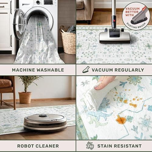 Hazo Haus Washable Oushak Bathroom Runner Rug 2x5 - Eclectic Boho Floral Pastel, Non Slip Low Pile Stain Resistant Small Throw Rug for Bedroom, Laundry Room, Powder Room, Cream Green thumbnail 4