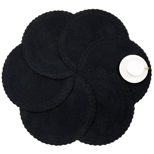 SHACOS Round Placemats Set of 4 Boho Braided Border 15 inch Circle Place Mats Washable Fabric Table Mats for Kitchen Dining Table, Black thumbnail 9