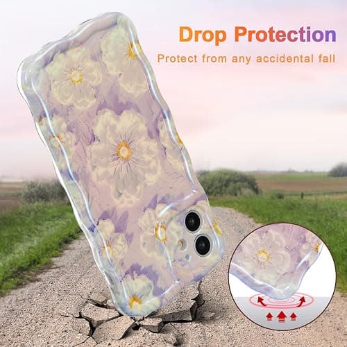 EYZUTAK Case for iPhone 12, Colorful Retro Oil Painting Flower Laser Glossy Pattern Cute Curly Wave Border Exquisite Phone Cover Stylish Durable TPU Protective Case for Girl Women - Light Purple thumbnail 3