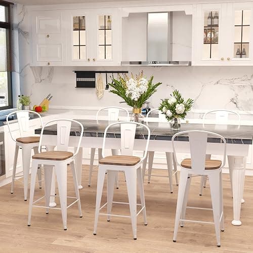 Aklaus Metal Bar Stools Set of 4,26 inch Barstools Counter Height Bar Stool with Backs Farmhouse Bar Stools with Larger seat High Back Kitchen Dining Chairs Modern Bar Chairs White Cream Stool thumbnail 7