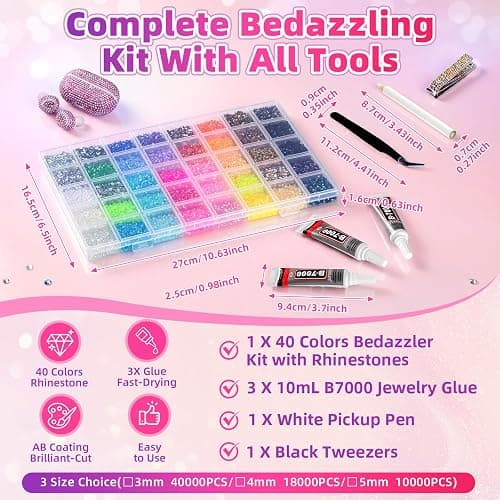 40000Pcs 40 Colors Resin Jelly Rhinestones Kit, 3mm Flatback Rhinestones with 3Pcs B7000 Jewelry Glue & Tools, Bedazzler Kit with Rhinestones, All-in-One Bedazzling Kit for DIY Arts & Crafts Gifts thumbnail 2