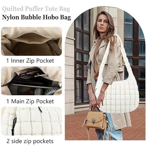 Quilted Puffer Tote Bag Puffy Crossbody Shoulder Bag with Zipper, Nylon Hobo Handbag Travel Carryall Bags for Women Girls thumbnail 2