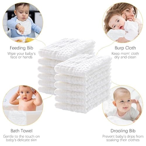 Lovely Care 12 Pack Muslin Burp Cloths 100% Cotton Muslin Cloths Large 20''x10'' Extra Soft and Absorbent Baby Burping Cloth - White thumbnail 5