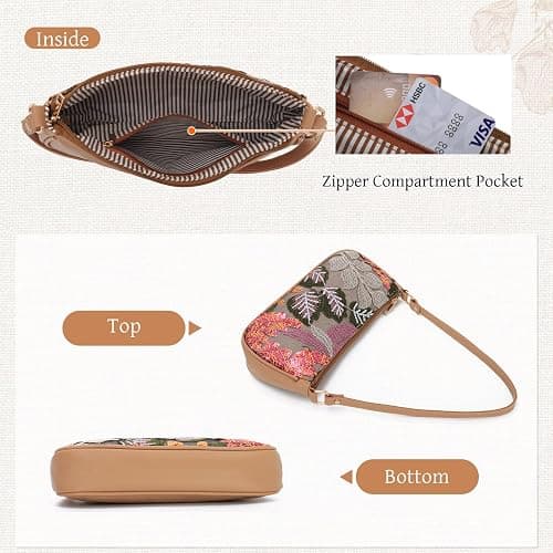 Oweisong Women Floral Beaded Purses Summer Hobo Embroidered Shoulder Bag Leather Sequin Top Handle Underarm Handbag thumbnail 5