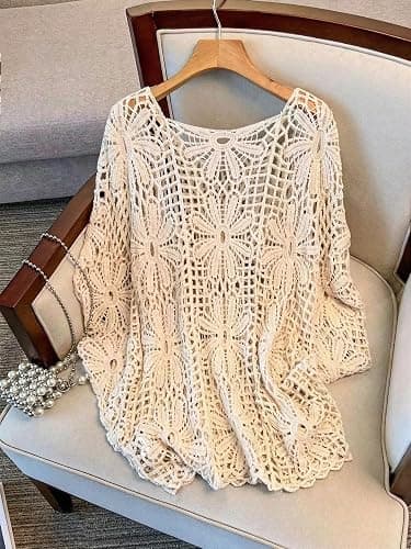MakeMeChic Women's Plus Size Crochet Boho Tops Summer Vacation Beach Cover Ups Sweater thumbnail 3