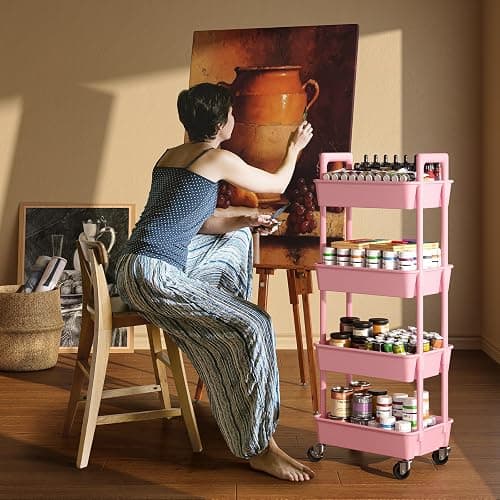 Pipishell 4 Tier Rolling Cart Organizer, Plastic Rolling Cart with Lockable Wheels & Reinforced Handle, Lightweight Utility Storage Cart for Nursery, Kitchen, Craft Room, Pink thumbnail 2