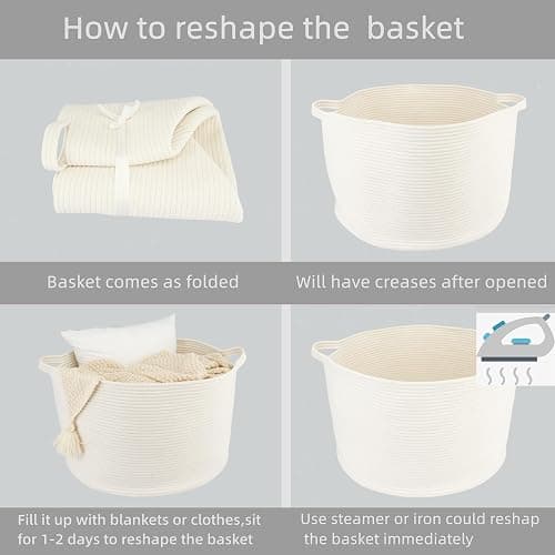 XUANGUO Extra Large Cotton Rope Basket Blankets Basket Living Room 22"x14" Toy Basket for Kids Dogs Rope Storage Basket for Nursery Woven Laundry Basket for Clothes Towels Baby Toy Storage round white thumbnail 7