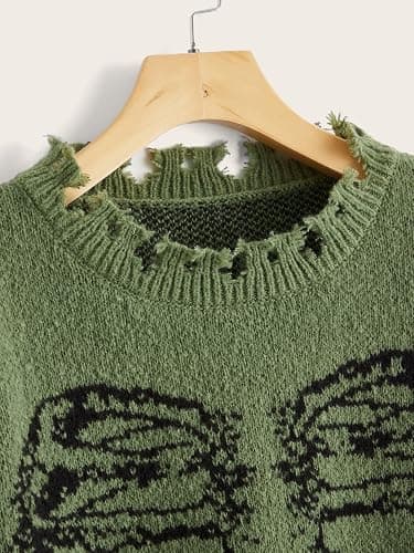 SHENHE Women's Oversized Skeleton Pattern Ripped Round Neck Sweater Pullover thumbnail 5
