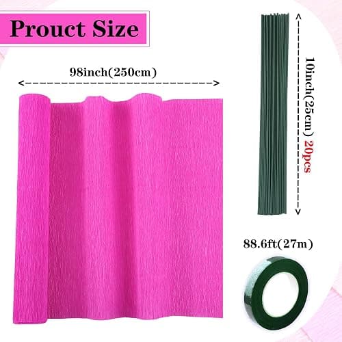 GLOREIEY 8Colors Crepe Paper Rolls,10" X 98" Crepe Paper Flower DIY Kits,20Pcs Green Floral Iron Wire, Double Sided Tape, for Birthday Parties Weddings Festival Decoration (Pink) thumbnail 3