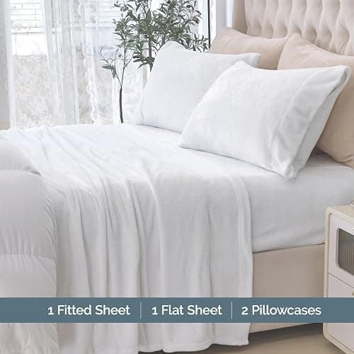 Elegant Comfort Luxuriously Soft 4-Piece Velvet Plush Flannel Sheet Set - Premium Quality - Cozy Warm, Anti-Static, Non Pilling Fuzzy Velvet Flannel Fleece Deep Pocket Sheet Set - Twin XL, White thumbnail 3