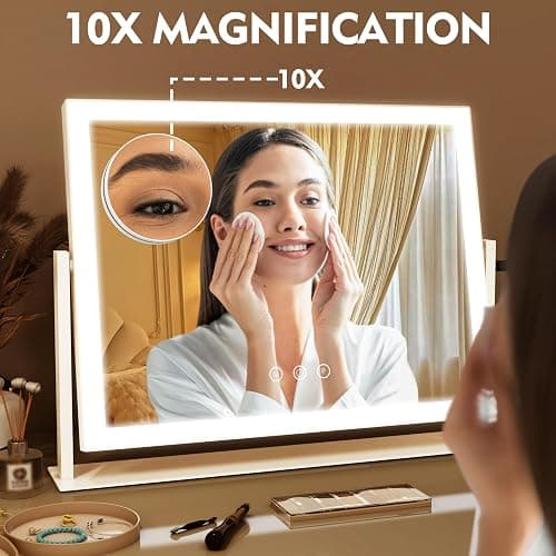ROLOVE Lighted Makeup Mirror 16.3"x12.6", Hollywood Vanity Mirror with 10X Magnifier, 3 Color LED Lighting Modes, Smart Touch Control & 360° Rotation, Tabletop Makeup Mirror (White, Gift Ready) thumbnail 5
