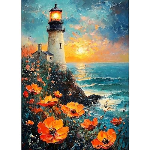 GDYEEH DIY Lighthouse 5D Diamond Art Kits, Round Full Drill Sparkling Poppies Diamond Painting Picture, Moon Night Painting by Numbers Art Kits for Adults Beginners Home Wall Decor 12x16 inch - Image 1
