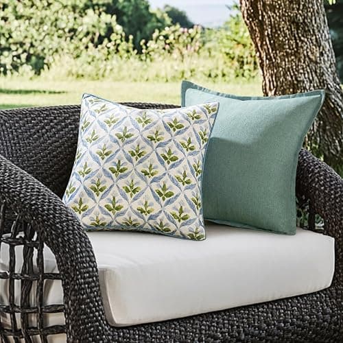 MIULEE Floral Decorative Pillow Covers Set of 2,Block Print Throw Pillow Covers Outdoor Boho Farmhouse Vintage Coastal Summer Accent Cushion Covers for Couch paito Garden Sofa 18x18 Inch, Blue-Green thumbnail 2