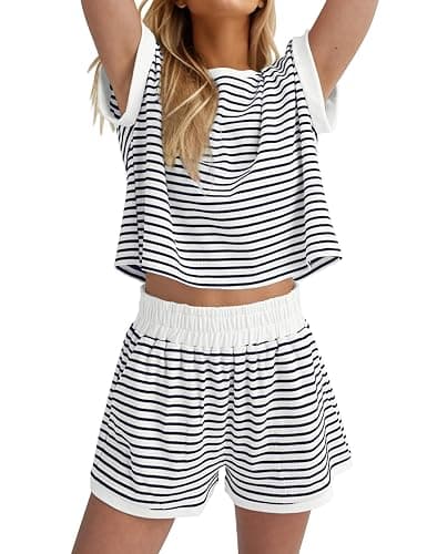 Burtell Women Summer 2 Piece Lounge Sets Striped Short Sleeve Tee Shirts Mini Shorts Loungewear Shorts Set Ribbed Pajama Set - Image 1