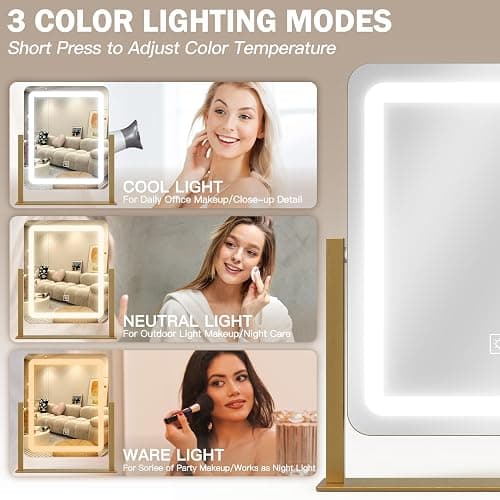 ROLOVE Vanity Mirror with Lights, 12.6"×15" LED Makeup Mirror, Lighted Makeup Mirror with Lights, Smart Touch Control Dimmable 3 Modes Light, Lighted Up Mirror for Makeup Desk, Gold thumbnail 3