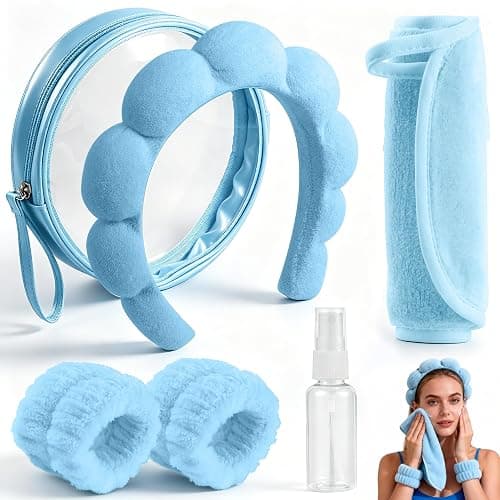 Real Perfection Spa Headband for Washing Face, Skincare Headband Wristband Set for Facial Mask Skin Care, Makeup Remover Towel Cloth Small Spray Bottle with Travel Makeup Bag Gifts for Women - Blue - Image 1