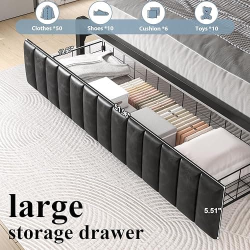 Full Size Bed Frame and Upholstered Storage Headboard, LED Light, Black | Built-in Charging Station, Wheeled Under-bed Drawers, Heavy-Duty Metal Slats, Noise-Free, Easy Assembly, No Box Spring Needed thumbnail 3