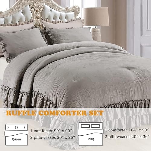 Masaca Grey Shabby Comforter Set Queen,Farmhouse Rustic Microfiber Bedding Ruffled Comforter Set,Vintage Gray Ruffle Comforter for Queen Bed Fluffy Aesthetic Bedding 3 Pieces thumbnail 2