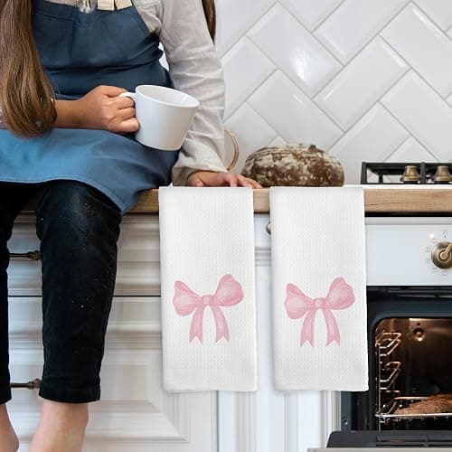 Mcehtle Coquette Pink Bow Girls Gifts Kitchen Towels Set of 2, Pink Bow Ribbon Hand Towels for Bathroom Decorative Tea Towels Dish Towels, Coquette Girly Bathroom Decor, 16x24 Inch thumbnail 4