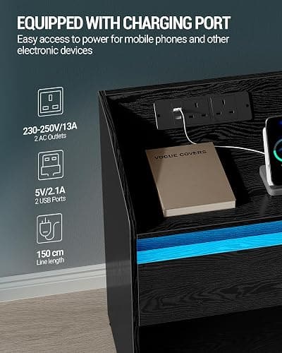 Hzuaneri Bedside Table with LED Light, Bedside Cabinet with Charging Station, 1 Storage Drawer Nightstand for Bedroom, Living Room, 2 USB Port, 2 Outlets, Open Compartment, Black NS04804X1UK thumbnail 4