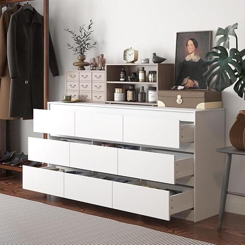 Hitow 9 Drawer Dresser for Bedroom with Deep Drawers, Large Floor Wood Dressers & Chest of Drawers Handle Free, Modern White Long Dressers for Closet Living Room, Euro Slide (63"W x 15.7"D x 31.5"H) thumbnail 3