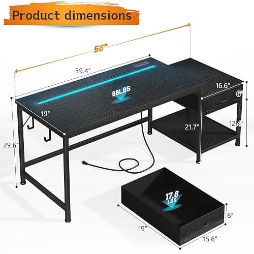 DurayLoly Gaming Desk 56 Inch with LED Lights and Power Outlets,Reversible Computer Desk with Drawers and Shelf,Gaming Table with Hooks for Headphone,Bags,Black Desk for Bedroom,Dorm,Black thumbnail 3