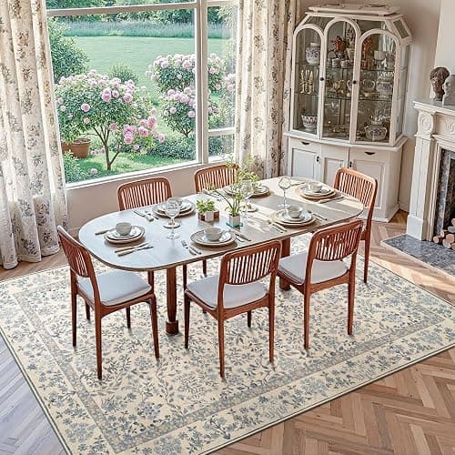 jinchan 8x10 Washable Living Room Area Rug, Vintage Floral, Blue/Cream | Soft Non-Slip Low-Pile, Botanical Aesthetic Throw Carpet for Bedroom Dining Room Nursery thumbnail 4