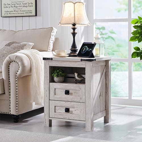RedLemon 18" Farmhouse Nightstand with Charging Station, Antique Brush White thumbnail 3