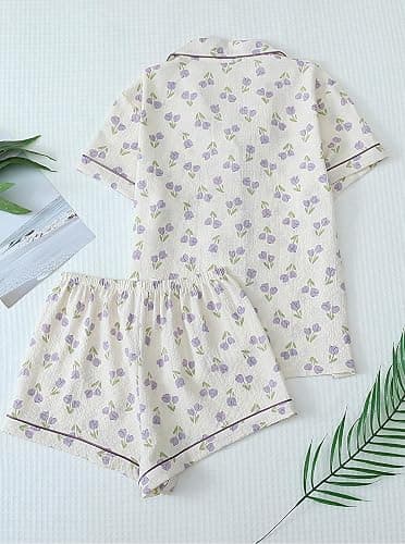 Remidoo Women's Floral Pj Set Short Sleeve 2 Piece Button Up Pajamas Sleepwear - X-Small - Flower White thumbnail 2