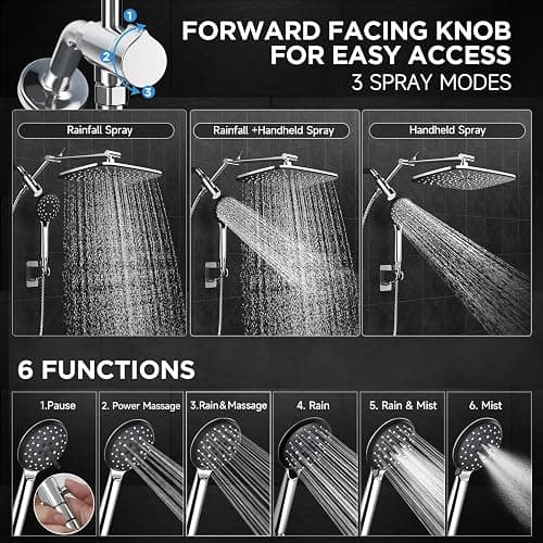 Veken High Pressure Rain Shower Head Combo with Extension Arm- Wide Showerhead with 6 Handheld Water Spray - Adjustable Dual Shower with Anti-Clog Nozzles - Silver Chrome - Chrome thumbnail 3