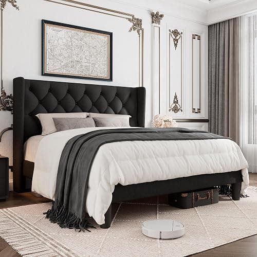 GalnFu Queen Size Bed Frame with Button Tufted Headboard, Upholstered Platform Bed Frame with UnderBed Storage, Wooden Slats Supports, Noise Free, No Box Spring Needed, Easy Assembly, Black - Image 1