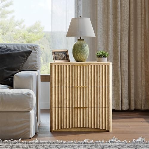 Evermagin Fluted Nightstand Set of 2, Natural Oak Bedside Table with 3 Drawers, Wood End Table with Storage Mid Century Modern, Large Night Stand for Bedroom thumbnail 6