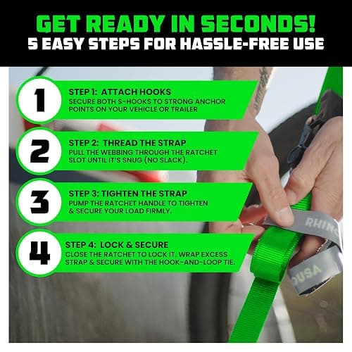 Rhino USA Ratchet Straps Tie Downs (4-Pack) - 1 Inch x 15 Feet (1,823lb Break Strength) - Ultimate Tie Down Straps with Safety S Hooks - for Trucks, Cargo, Moving, Appliances - Green thumbnail 6