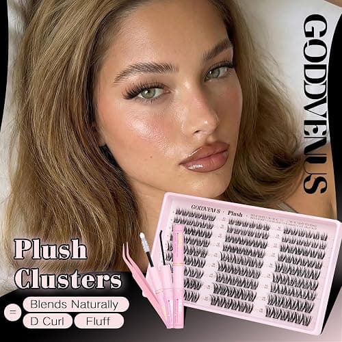 Goddvenus Plush Lash Clusters Kit, Natural Wispy Cluster Eyelash Extensions, Fluffy DIY Lash Extension at Home for Natural Look, D Curl Individual Lashes Kit with Waterproof Bond and Seal thumbnail 2