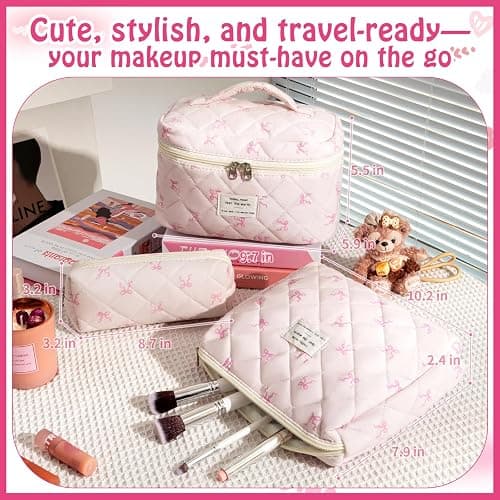 Quilted Makeup Bag, Large Capacity Travel Cosmetic Bag for Women and Girls, Aesthetic Storage for Daily and Travel Use (3PCS-Pink SlimBow) thumbnail 5