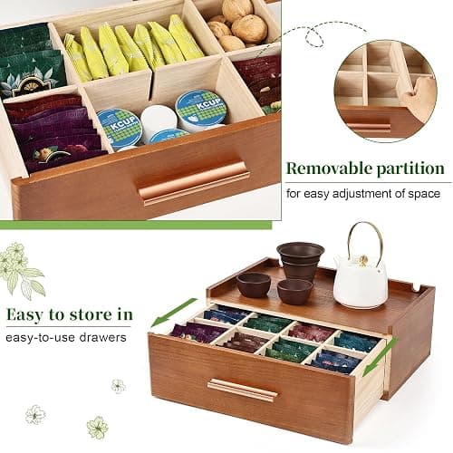 Craflakow Tea Station Organizer for Countertop, Wooden Tea Bag Holder With 8 Compartments, Tea Storage Chest Container for Countertop, Organizador De Te thumbnail 5