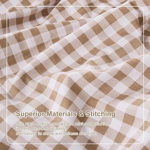 kisswish Gingham Queen Sheet Set, Lightweight Super Soft Brushed Microfiber Plaid Bed Sheets with 16" Deep Pocket, 4 Piece Ruffle Farmhouse Bedroom Decor, Taupe thumbnail 4