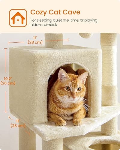 Feandrea Cat Tree, 59.5-Inch Tall Cat Tower, Plush Multi-Level Condo with 5 Scratching Posts, 2 Perches, 2 Caves, Hammock, 2 Pompoms, Beige UPCT192M01 thumbnail 6