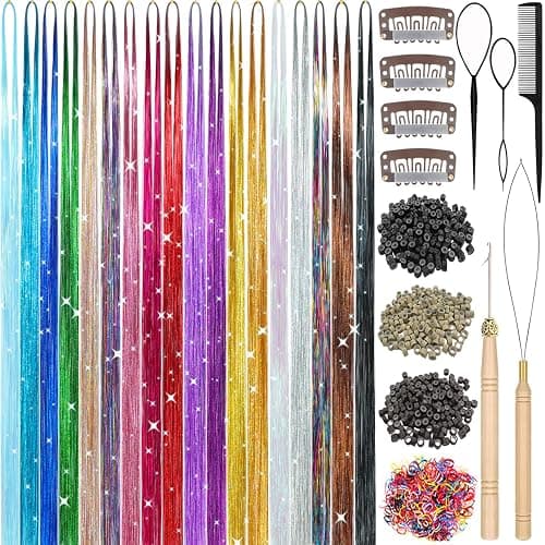 Aokomisu Hair Tinsel, 18 Colors 7800 Strands 48 Inch Glitter Tinsel Hair Extensions Kit Heat Resistant Daily Use Festivals Shiny Fairy Hair Accessories for Girls Kids Women (18 Colors) - Image 1
