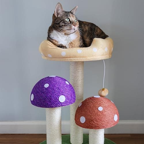 THE LICKER STORE CTR1001A Pixie 22.5" 3-Tier Cottage Sisal Mushroom Cat Tree with Scratching Posts, Napping Perch, and Dangling Bell Toy, Multi thumbnail 6