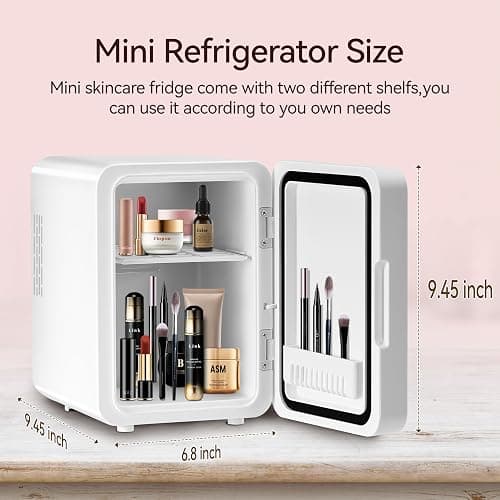 Skincare Fridge With Dimmable LED Mirror, 4L Makeup Mini Fridge for Bedroom, Cosmetics, SkinCare, Cooler & Warmer, Portable Small Refrigerator for Car, Office and Food- White - White thumbnail 7