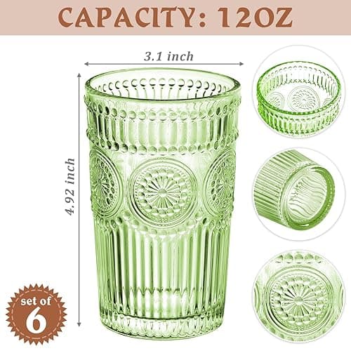 megarte Vintage Drinking Glasses Set - 12 Oz Romantic Embossed Glassware - Premium Glass Cocktail Cups for Water Juice Tea Beverage - Set of 6 - Green - Green - 6Pcs thumbnail 3