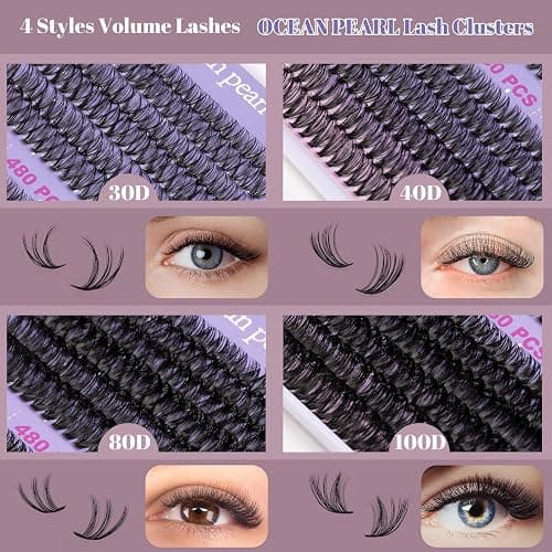 Ocean Pearl Lash Clusters 480PCS 11-20mm Individual Eyelash Extensions 30D+40D+80D+100D DIY Thick Volume Natural Lashes for Beginners at Home-4 - 480pcs 11-20mm Clusters-30D+40D+80D+100D thumbnail 3