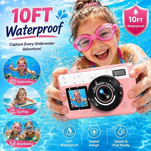 Maxmango D70 4K Underwater Digital Camera - 48MP 10FT Waterproof Camera for Snorkeling - Dual Screen Selfie Compact Floatable Camera with 16GB Card - Point and Shoot Digital Cam 1200mAh Battery -Pink thumbnail 2