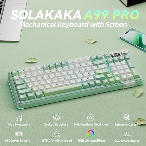 SOLAKAKA A99 Pro Wireless Mechanical Keyboard with BT5.0/2.4GHz/USB-C, LCD Screen & Metal Knob, Gasket-Mounted Gaming Keyboard, Full Hot-Swappable, RGB Creamy Keyboard for Win/Mac thumbnail 2