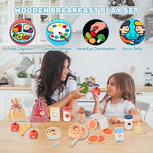 Wooderma Wooden Food for Play Kitchen 27 PCS Wooden Toddler Toys | Breakfast Pretend Play Set, Travel Toy Food Set for Kids' Kitchen Accessories Birthday Christmas Gifts for 3+ Year Olds thumbnail 5