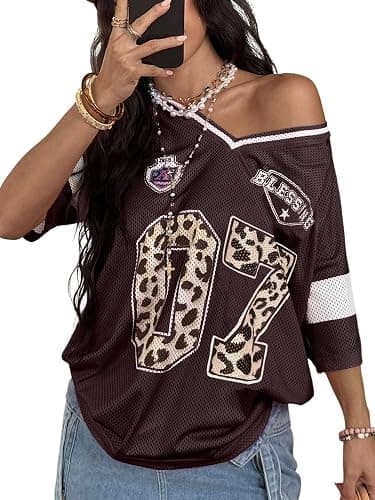 SOLY HUX Women's Y2k Leopard Number Graphic Oversized Tops Football Jersey Shirts Streetwear - Image 1